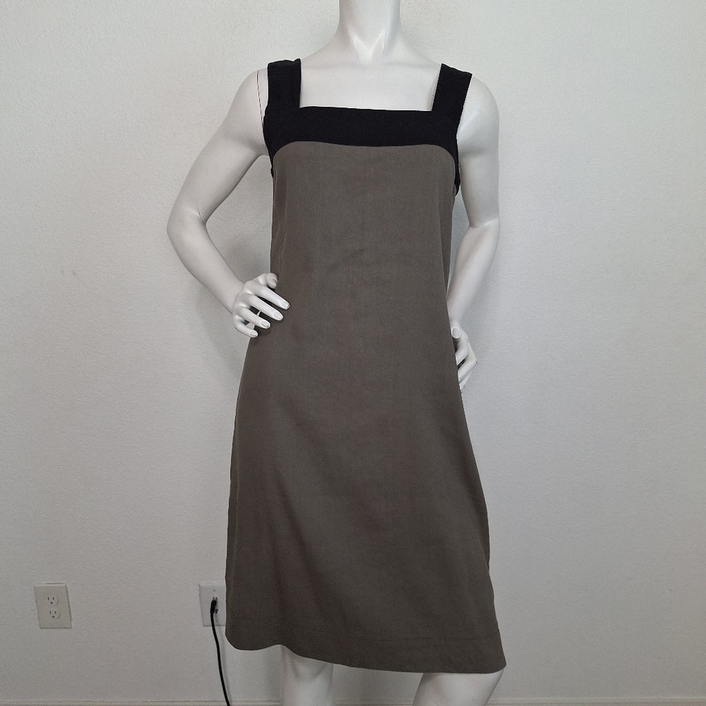 Dkny Olive & Black Linen Blend Preppy Square Neck Minimalist Midi Dress Size 8